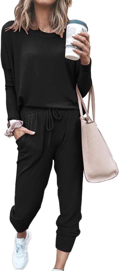 Fixmatti Women Casual 2 Piece Outfit Long Pant Set Sweatsuits Tracksuits (Black, M)