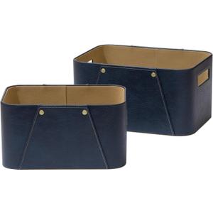 La Jolie Maison Storage Baskets for Organizing, 2 Pack, Luxury Vegan Leather Storage Cube Boxes for Closet Shelf Cabinet Bookcase, Navy Blue