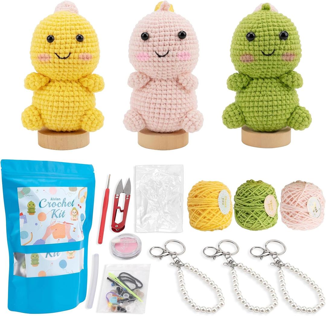 Alvian Dinosaur Crochet Amigurumi Kit for Beginners Crochet Starter Kits Craft Knitting Crocheting Kits with Step-by-Step Video Tutorials, DIY Crochet Animal Kits 3 Pack Dinosaurs