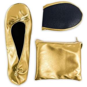 Women's Foldable Dance Shoes Ballet Flats (Large, Gold)