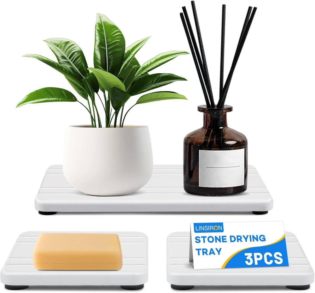 3PCS Stone Drying Tray,Water Absorbing Stone Tray,Countertop Fast Drying Counter Trays,Diatomite Trays, 3.94x7.87 Inch and 3.94x3.94 Inch White