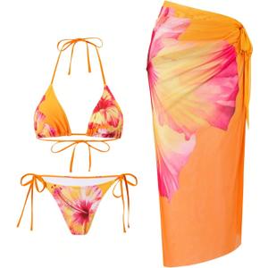 ZAFUL Women's 3 Piece Swimsuit Floral Halter Triangle String Bikini Tie Side Bottom with Boho Cover Up Skirt (10-orange), Size M