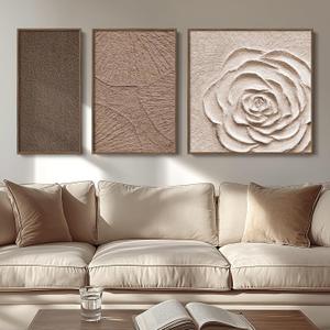 Large Framed Neutral Abstract Wall Art 3 Piece, 2D Brown Beige Flower Canvas Wall Art for Living Room, Wabi Sabi Art Minimalist Painting Prints Aesthetic Artwork for Bedroom Hallway Office Decor (12x24" + 16x24" + 24x24" (Framed))