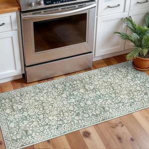 Vintage Washable 2x5 Rug Runner, Sage Green Beige Runners for hallways, Super Soft Kitchen Runner Rug Non Slip, Print Faux Wool Floral Thin Carpet Runner for Entryway Indoor Bedroom