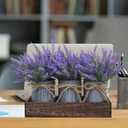 Set of 3 Small Potted Plants Arrangement Artificial Lavender Flower Plants in Rustic Galvanized Metal Pots with Decorative Wood Tray for Farmhouse Table Centerpiece Windowsill Country Indoor Decor