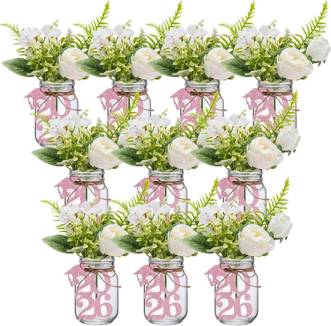 Knitgrip 10 Sets 2026 Graduation Table Centerpieces Party Decoration Mason Jars with Glitter Cutouts Tags Artificial Flowers and Jute Rope Double Side 2026 Graduation Cutouts for Grad Decors (Pink)