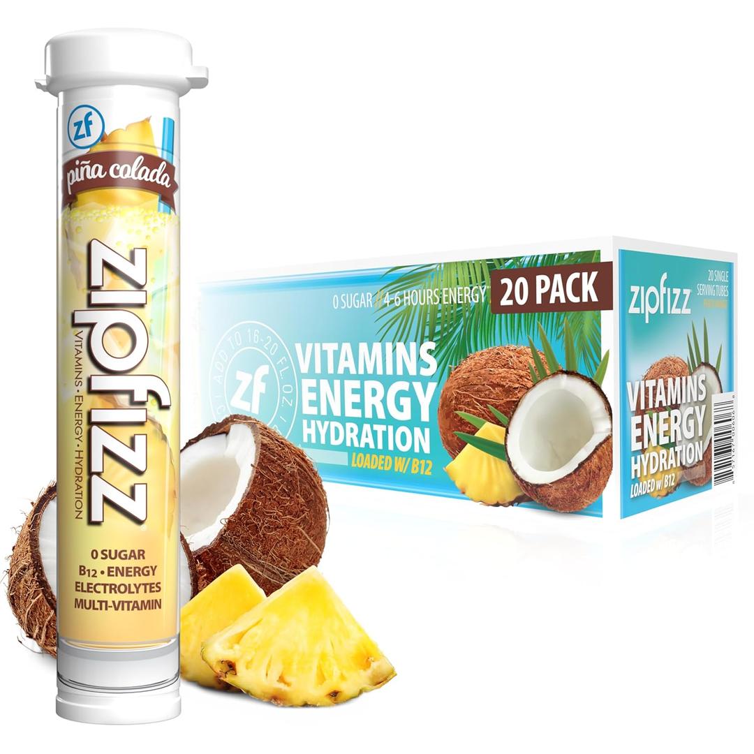 Zipfizz Daily Energy Drink Powder, Pina Colada, 20 Pack | 3-in-1 Sustained Energy, Rapid Hydration, and Essential Vitamins | Sugar-Free | Electrolyte Powder | Contains Vitamin B-12 & Antioxidants (EXP 02/28/27)
