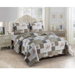 Brilliant Sunshine Rose and Toile Patchwork, 3-Piece Quilt Set, Reversible Bedspread, Lightweight Coverlet, All-Season, Queen, Rose Gray