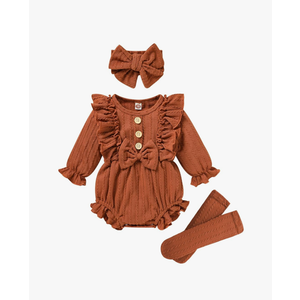 GRNSHTS Newborn Baby Girl Clothes Ruffle Solid Sweater Long Sleeve Romper+Hairband+Socks 3Pcs Fall Winter Outfits Size 70