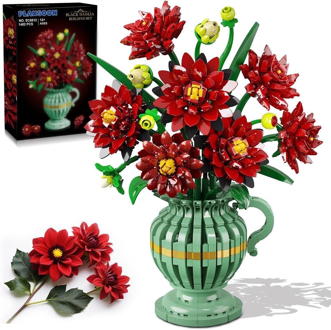PLAXSOON Flowers Building Set, Dahlia Flower Bouquet Gift for Mothers Day Botanical Collection Building Block for Women Her Adult, 1482 PCS Gothic Plant Bonsai Kit Decor for Mom Wife Couple Girls 12+