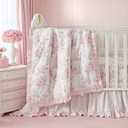 Brandream French Country Toile Crib Bedding Set for Girls Pink Grandmillennial Toile Vintage Floral Print 100% Cotton Baby Girl Nursery Bedding - Ruffles Quilt,Toile Crib Sheet,Crib Bed Skirt,3 Pieces