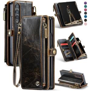 Defencase Wallet Case Compatible with Samsung Galaxy Z Fold 4 with RFID Blocking Card Holder & S Pen Holder Slot PU Leather Magnetic Snap Flip Zipper Strap Phone Case Fit for Galaxy Z Fold 4, Coffee