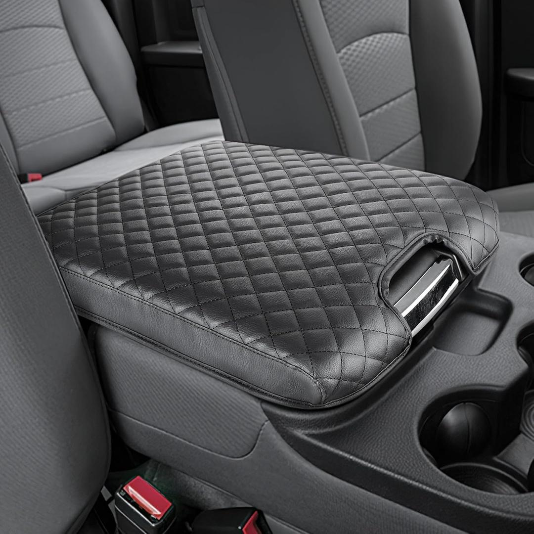JOYTUTUS Center Console Cover Compatible with 2013-2018 Ram 1500 & 2013-2024 Ram 2500/3500/1500 Classic Model Jump Seat Console, Leather Arm Rest Armrest Cover for Car, Middle Console Cover Lid (Black)