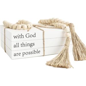 Decorative Books for Home Decor, White Faux Books for Decoration, Rustic Farmhouse Stacked Display Books (with God All Things are Possible)