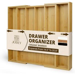 Bamboo Kitchen Utensil Drawer Organizer for Silverware | 100% Natural Expandable 14-20 Inch Kitchen Drawer Organizers for Utensils | Non-Slip Base | Screwed Joints for Long-Lasting Durability