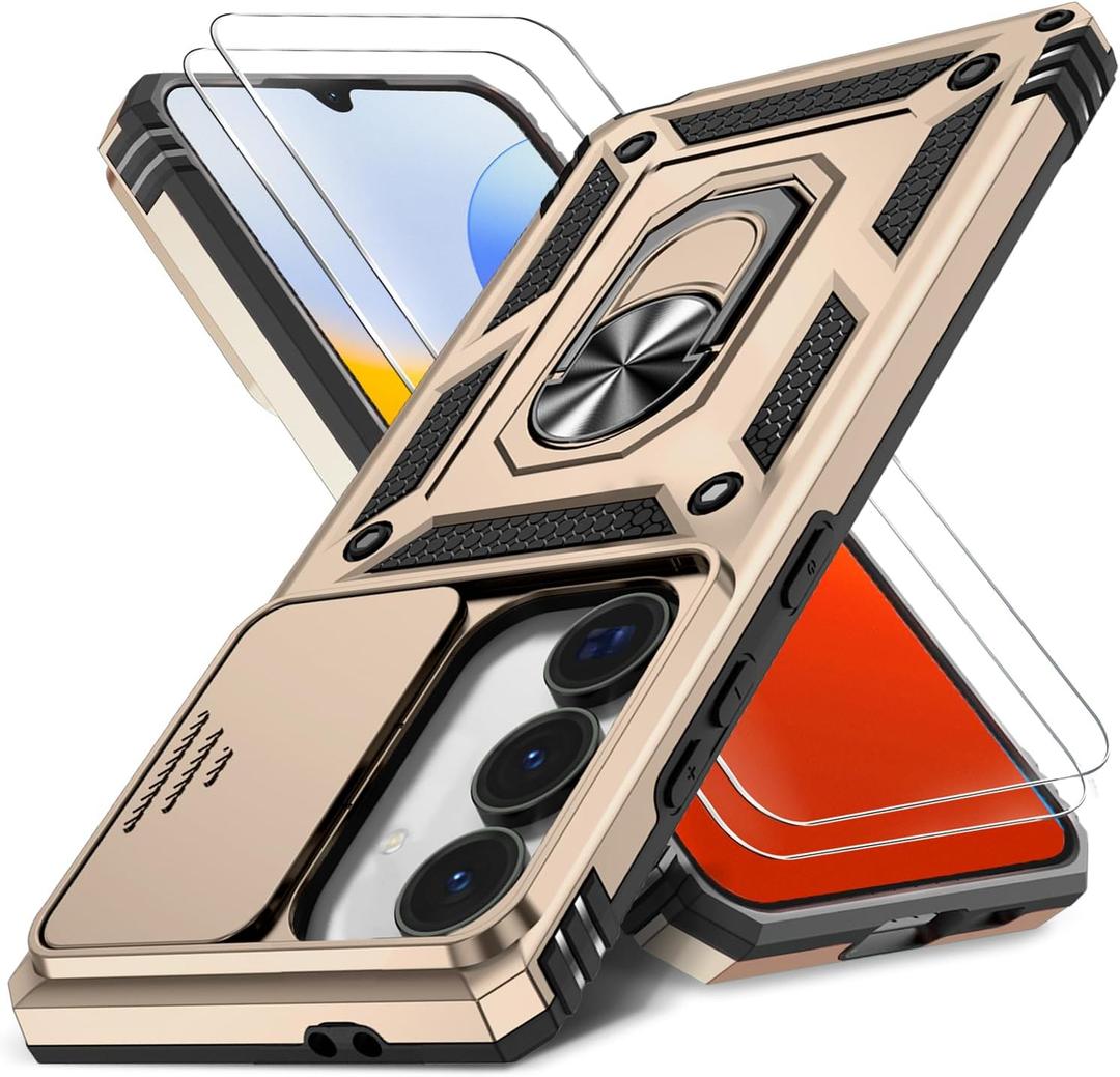 Case for Samsung Galaxy A16 5G with Slide Camera Cover+Screen Protector(2 Packs), Military Grade Shockproof Protective Cover, Rotated Ring Kickstand(B - Golden)