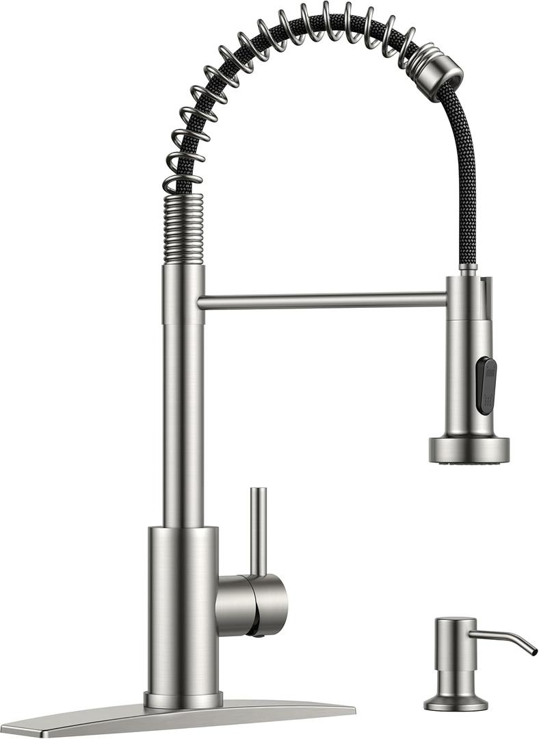 Kitchen Faucet with Soap Dispenser, Pull Down Sprayer, Brushed Nickel Stainless Steel, Modern Spring 1 Handle Sink Faucet with Deck Plate for 1 or 3 Hole Sinks for Bar RV Laundry Farmhouse