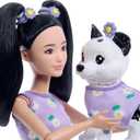 Barbie Twinning Looks Doll with Pet Dog in Matching Purple Daisy Clothes and Accessories for Both Like Flowers and Belt Bags, Black Hair