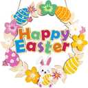 2 x 3D Easter Decoration Wooden Door Wreath for Front Door Sign Happy Easter Bunny Egg Wreath Hanging Wall Decor with Colorful Flowers for Home Indoor Outdoor Party Decor