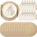 12 Sets Boho 13'' Round Woven Jute Placemat and Beige Cotton Fringe Napkins 1 Roll Jute Rope for Napkin Ring Rustic Farmhouse Charger Mat for Home Wedding Bridal Shower Dining Party Decor