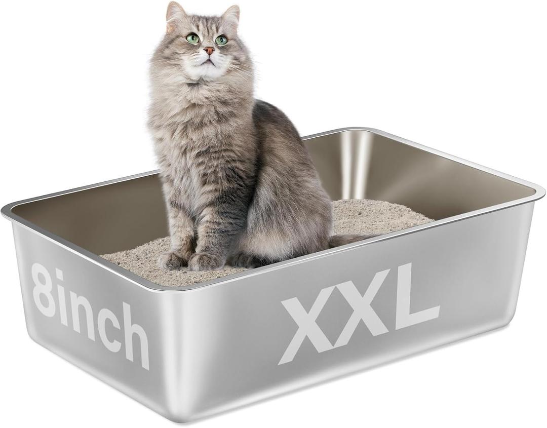 Stainless Steel Litter Box,XXL Metal Cat Litter Box for Big Cats 8IN Deep, Cat LitterBox High Sided Pet Toilet Easy to Clean,Cats Litter Pan for Adult Cats,Non Stick, No Smell (23.6" L x 15.7" W x 8" H)