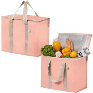 1 Pack Cooler Bag and Insulated Grocery Bags for Food Delivery, Collapsible Cooler. Reusable Shopping Bags for Groceries with Hard Bottom, Zippered, Foldable, Heavy-Duty (Peach Pink, 1 Pack)