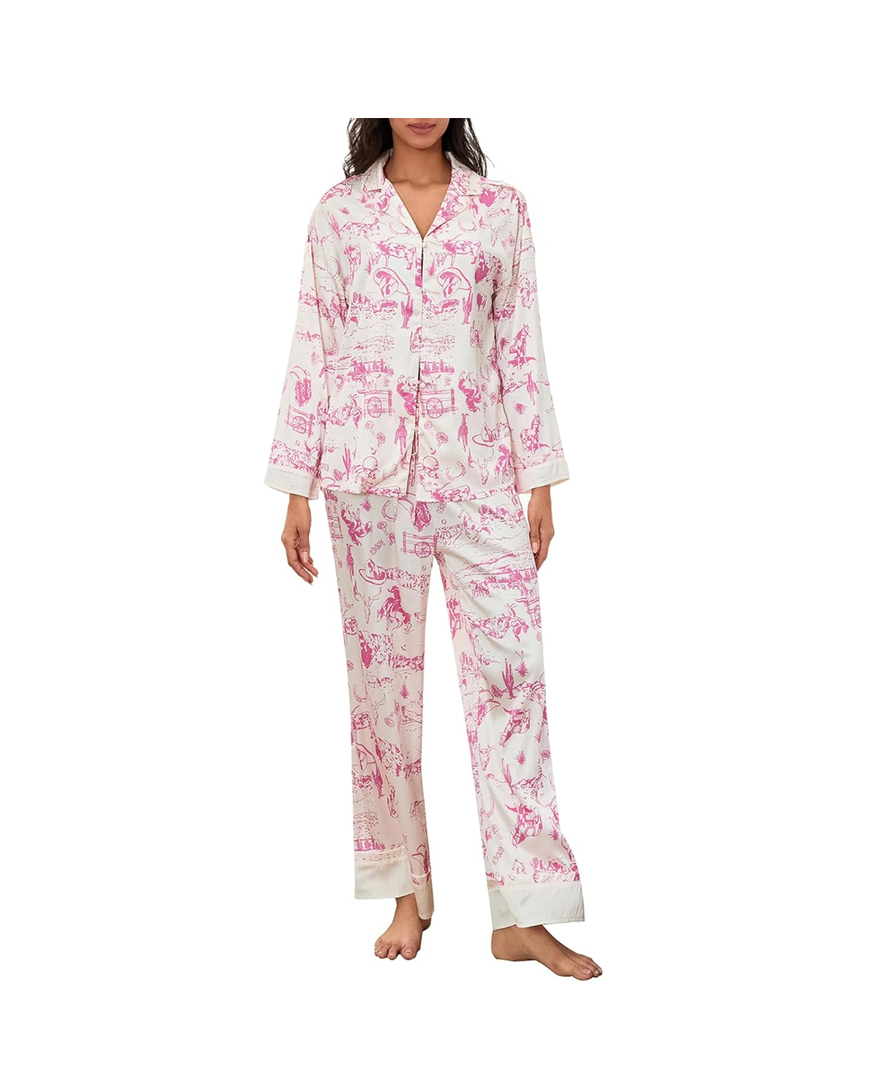 Womens Silk Satin Pajamas Set Floral Printed Long Sleeve Button Down Shirt Wide Leg Pants Set Sleepwear Loungewear M