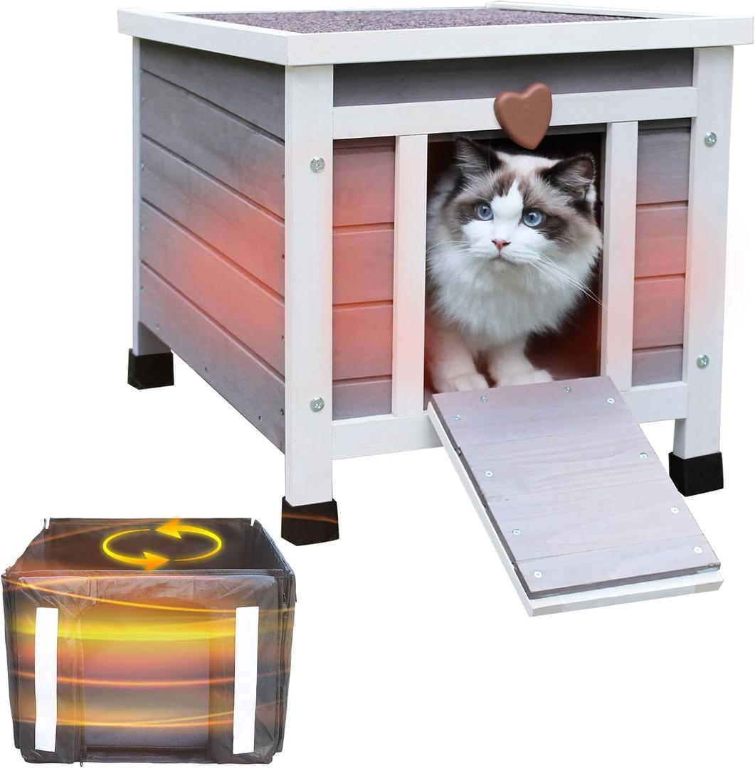 Weatherproof Cat House for Outdoor Cats in Winter, 100% All-Around Insulated Outdoor Cat Shelter with Warm Liner for Outside Feral Cat,Puppy,Rabbit and Small Pets-Grey with Warm Liner