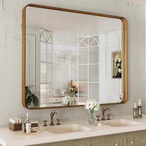 LOAAO 40X24 Inch Bathroom Mirror with Wood Grain Colored Metal Frame, Rounded Rectangle Metal Framed Bathroom Mirror, Anti-Rust, Hangs Horizontally or Vertically