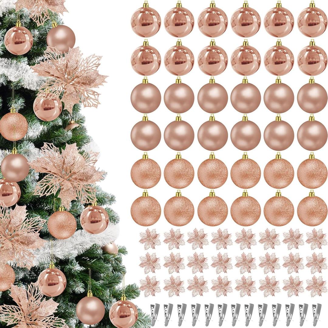 Soaoo 60 Pcs Rose Gold Christmas Tree Ornaments Set, 36 Pcs 2.36" Shatterproof Christmas Balls Decorations, 24 Pack 6.3" Glitter Poinsettia Artificial Flowers Decor Xmas Decorative Hanging Ornaments