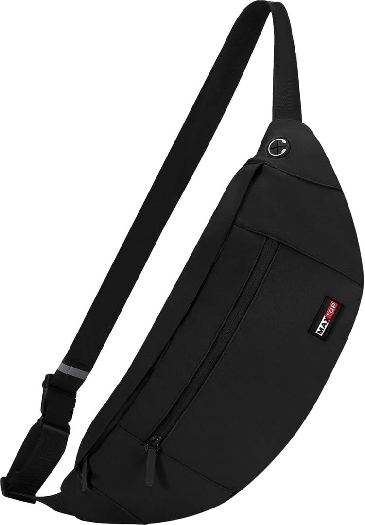 MAXTOP Large Crossbody Fanny Pack with 4-Zipper Pockets,Gifts for Enjoy Sports Festival Workout Traveling Running Casual Hands-Free Wallets Waist Pack Phone Bag Carrying All Phones (Pitch Black)