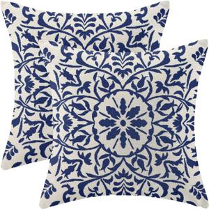 Navy Blue Boho Pillow Covers 20x20 Set of 2, Bohemian Ethnic Carpet Pattern Design Decorative Throw Pillows Linen Blue Print Farmhouse Cushion Pillow Covers for Sofa Couch Outdoor Decor