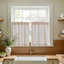 jinchan Katy Linen Floral Kitchen Curtains 24 Inches Length Stripe Cafe Curtains Farmhouse Cottagecore Tier Small Window Drapes for Living Room Light Filtering Rod Pocket 2 Panels Blue on Linen