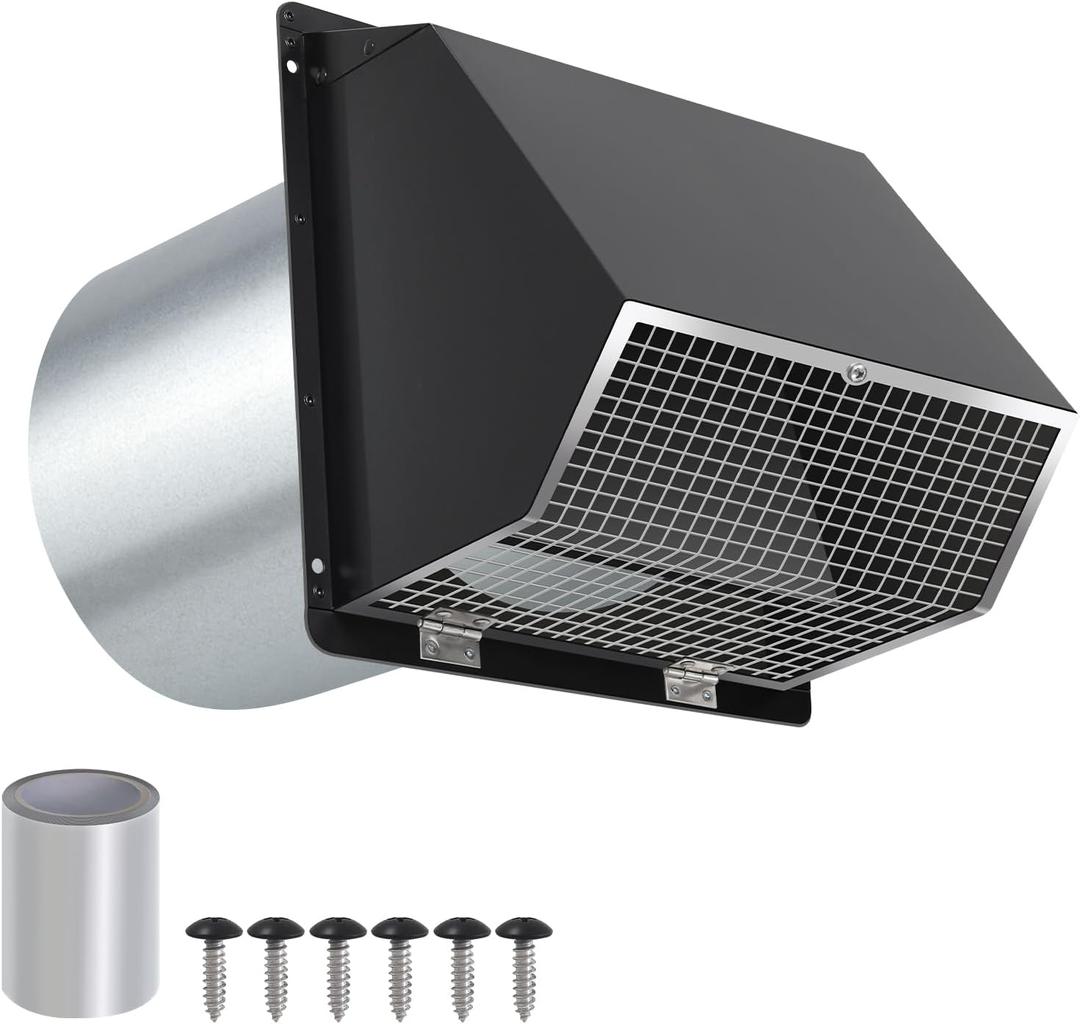 6 Inch Hooded Wall Vent with Screen and Damper,6"Exhaust Vent Dryer Vent Cover Outside,6" Vent Cover Exterior Wall Vent Cap for Kitchen Range Hood Vent Dryer Air Vent Bathroom Exhaust, Galvanized Steel (Black)