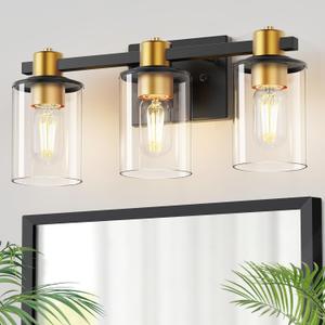 DORESshop 3-Light Udgraded Black and Gold Bathroom Light Fixtures, Bathroom Lighting Fixtures Over Mirror with Clear Glass Shade, Vanity Lights for Bedroom, ETL Listed