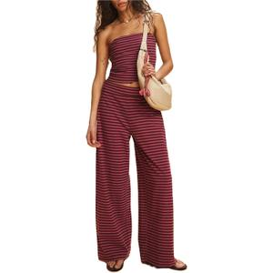 Women Striped Pants Sets 2 Piece Outfits Strapless Tube Tops and Elastic Waist Wide Leg Pants Lounge Set (Medium)