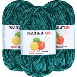 3 * 100g Velvet Chenille Chunky Yarn for Crocheting, Handcrafts Weaving Soft Chenille Yarn for Crocheting Clearance, Used for Making Baby Yarns Blanket, Clothes, Knitting Creations (Dark Green)