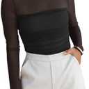 REORIA Women’s Trendy Sexy Mock Turtle Neck Long Sleeve Sheer Mesh Ruched Going Out Bodysuits Tops. Large