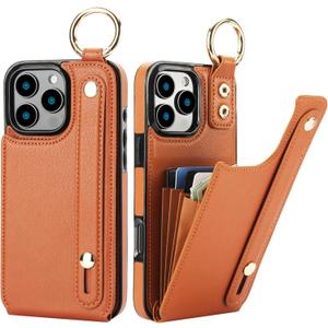 Folosu for iPhone 16 Pro Max Wallet Case with Card Holder, Hand Wrist Strap Loop Holder Kickstand, RFID Blocking Finger Grip Ring PU Leather Double Buttons Shockproof Cover 6.9" Brown