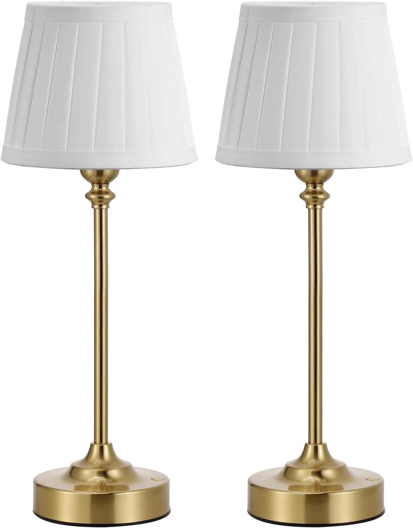 Cordless Table Lamps Rechargeable Set - 2 Pack Gold 4000mAH Battery Operated Lamps for Decor, 3000K Stepless Dimming Touch Wireless Lamp for Bedroom, Dining Table, Living Room, White Pleated Shade