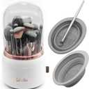 Rotating Makeup Brush Holder with Lid  Dustproof Vanity Organizer for Makeup Brushes, Bonus Foldable Makeup Brush Cleaner Bowl Included, Elegant White Storage Solution