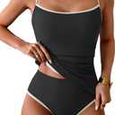 Eomenie Women's Tankini Swimsuits Two Piece Tummy Control Bathing Suit Color Block Slim Swimwear with High Waisted Bottom (Black and White) M