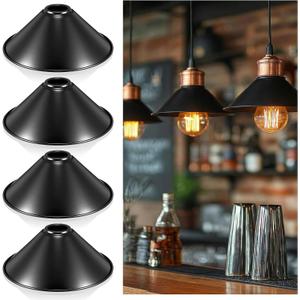 Retisee 4 Pcs 8.7''x2.4'' Industrial Iron Lamp Shade, Cone Shade Industrial Vintage Metal Bulb Guard E26 Base Black Pendant Light Covers Replacement Lampshade for Pendant Light Wall Sconce Table Lamp
