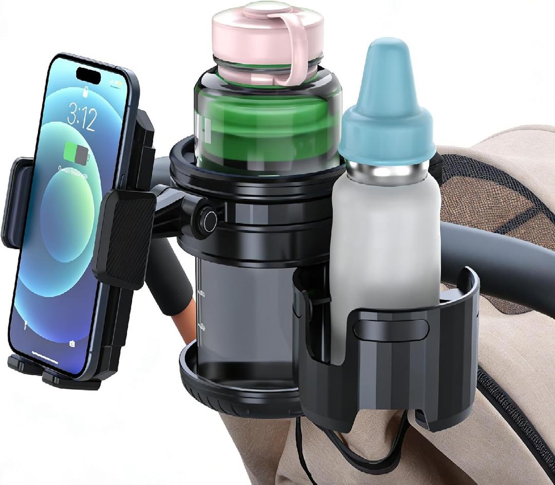 3-in-1 Stroller Cup Phone Holder Attachment, Universal Cup Holder with Adjustable Phone Mount, Double Cup Holder for Walker, Wheelchair, Fits Most Donna, Uppababy, Bugaboo, Anti-Slip & Easy Install