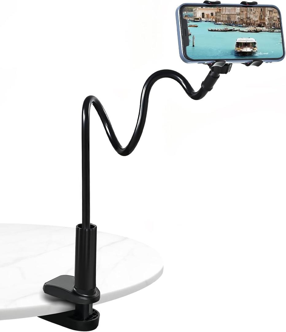 Gooseneck Phone Holder for Bed - Cell Phone Mount Clamp Clip, 360 Flexible Arm, Compatible with iPhone 17 16 15 14 13 12 11 Pro Max Xs Xr X8, Overhead Mount for Desk Phone Holder for 47" Smartphones