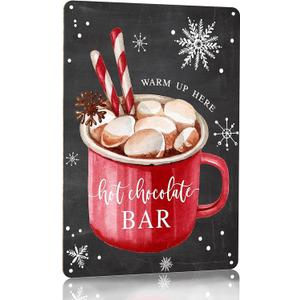 Joyline Vintage Christmas Decor Gifts Rustic Hot Chocolate Bar Warm Up Here Tin Sign for Home Farmhouse Kicthen Cafe Bar Wall Decor 8 x 12 inches (3235) (Black)
