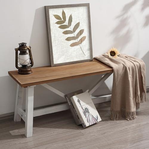 Wnutrees 43" Farmhouse Wood Bench, Narrow Bench, Long Bench Seat for Entryway, Living Room, Dining Room, Solid Wood, White