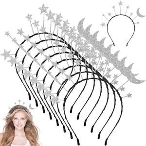 Yinder 8 Pcs Star Moon Headband Ramadan Costume Accessories Alien Headband Birthday Party Hair Hoop Glitter Hair Accessory for Women Wedding Princess Cosplay Party Costume Ramadan Silver