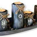 Wooden Candle Holders Centerpieces for Living Room Coffee Table Decorations,Farmhouse Table Decor Tealight Candles Holders with Rustic Tray,Candlesticks for Home Decoration Fireplace Kitchen