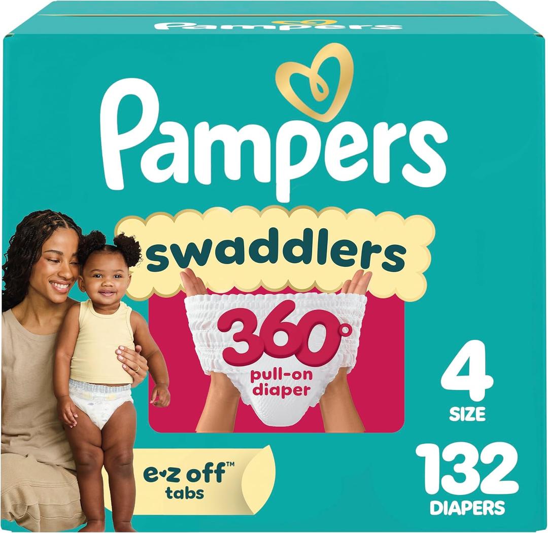 Pampers Diapers - Swaddlers 360° - Size 4, 132 Count, up to 100% Leakproof Comfy Dry Fit, EZ Off Tabs Designed for Easy Changes, Pull On Diaper